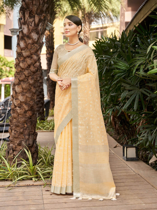 Orange Pure Linen Saree With Blouse Piece