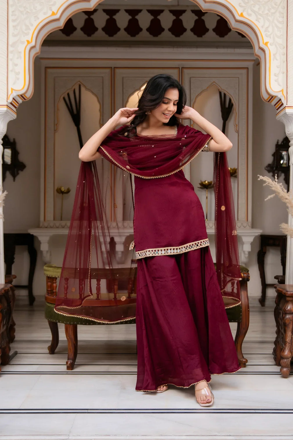 Wine maroon sharara suit set with dupatta for women festive ethnic wear mameraa