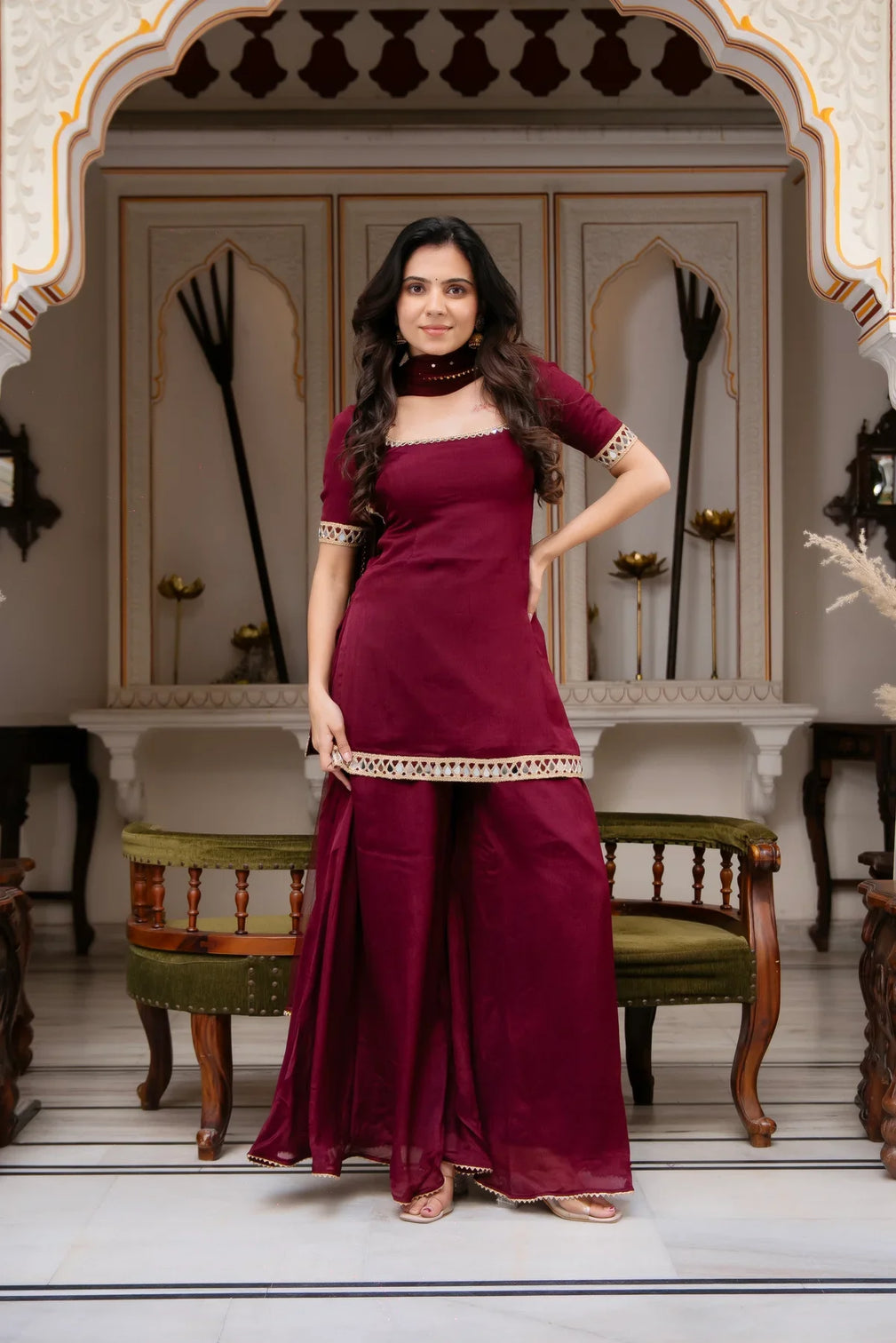 Wine maroon sharara suit set with dupatta for women festive ethnic wear