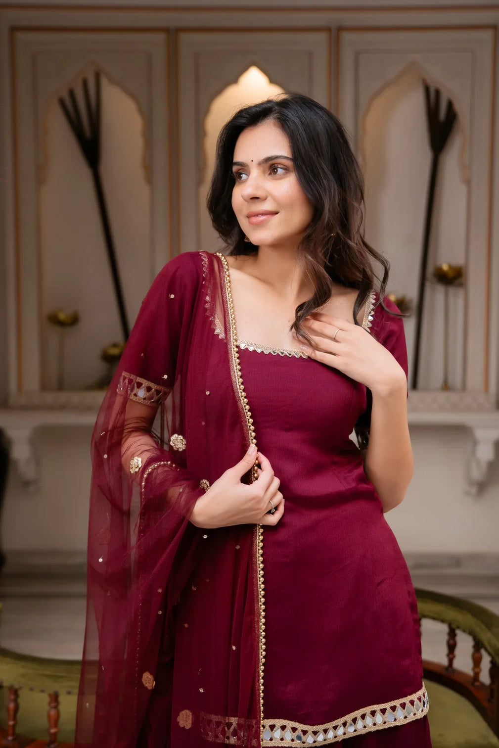 Wine maroon sharara suit set with dupatta for women festive ethnic wear