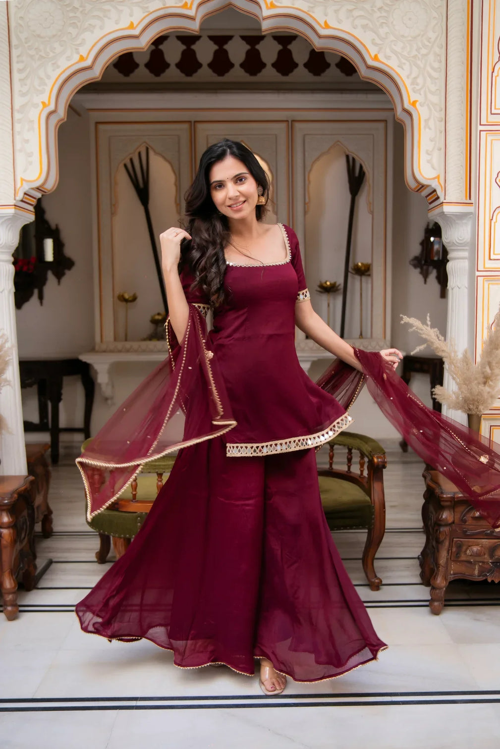 Wine maroon sharara suit set with dupatta for women festive ethnic wear
