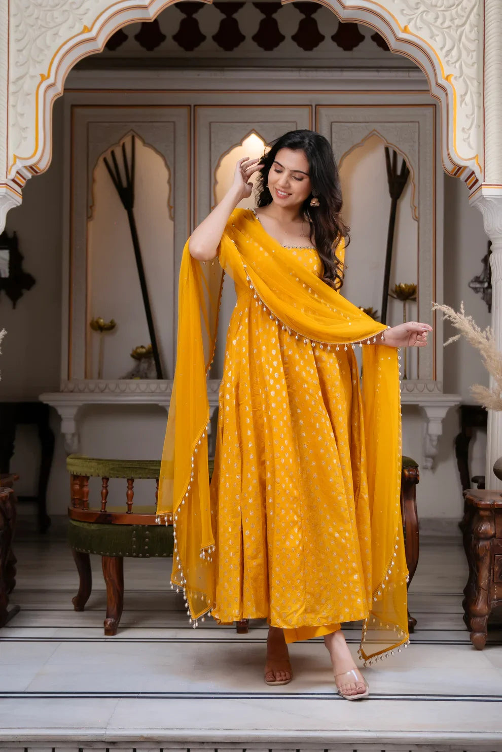 Women s mustard yellow flared anarkali kurta set with dupatta mameraa