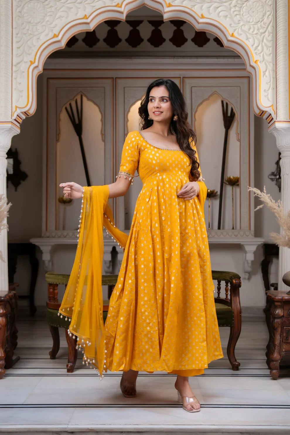Women s mustard yellow flared anarkali kurta set with dupatta