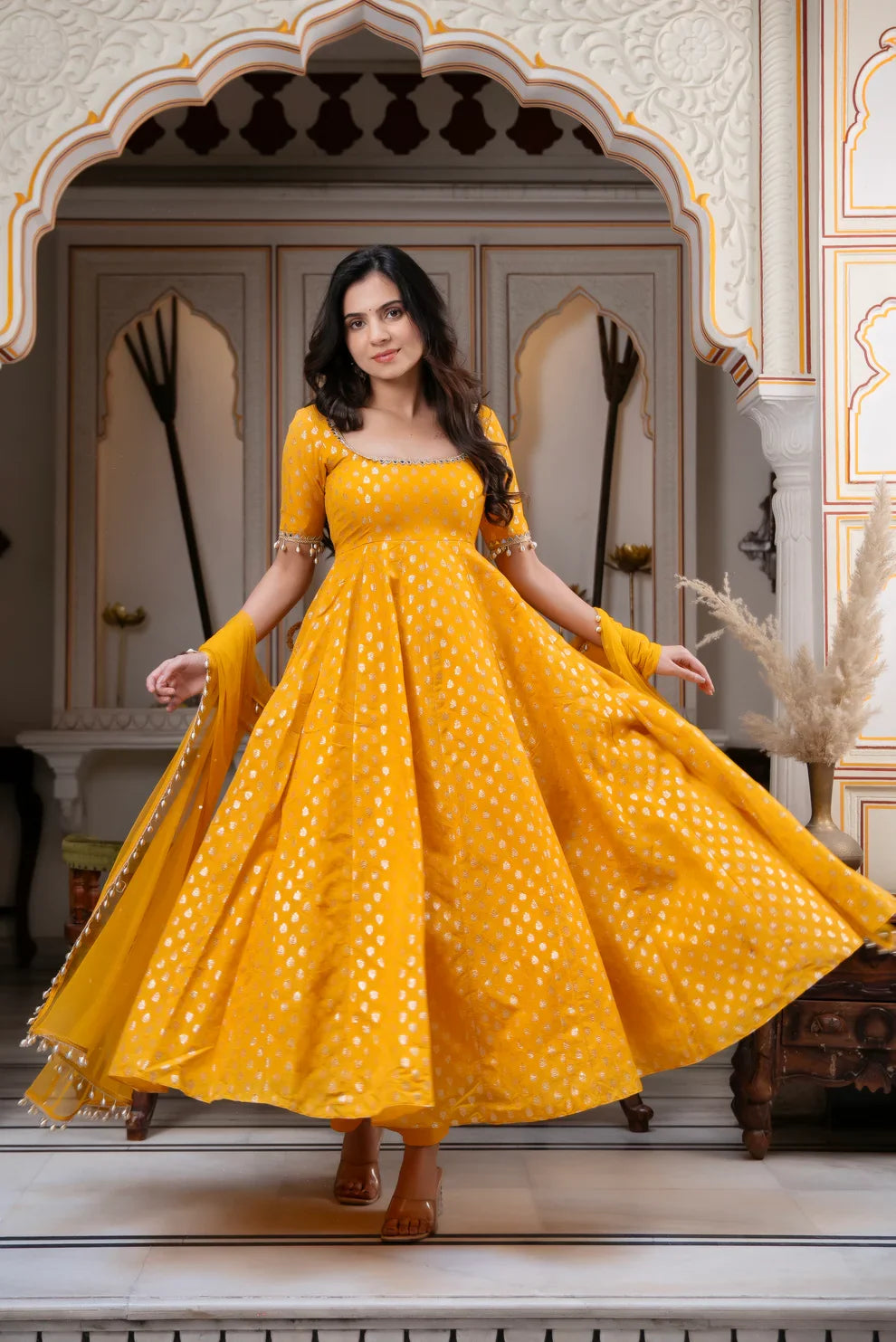 Women s mustard yellow flared anarkali kurta set with dupatta