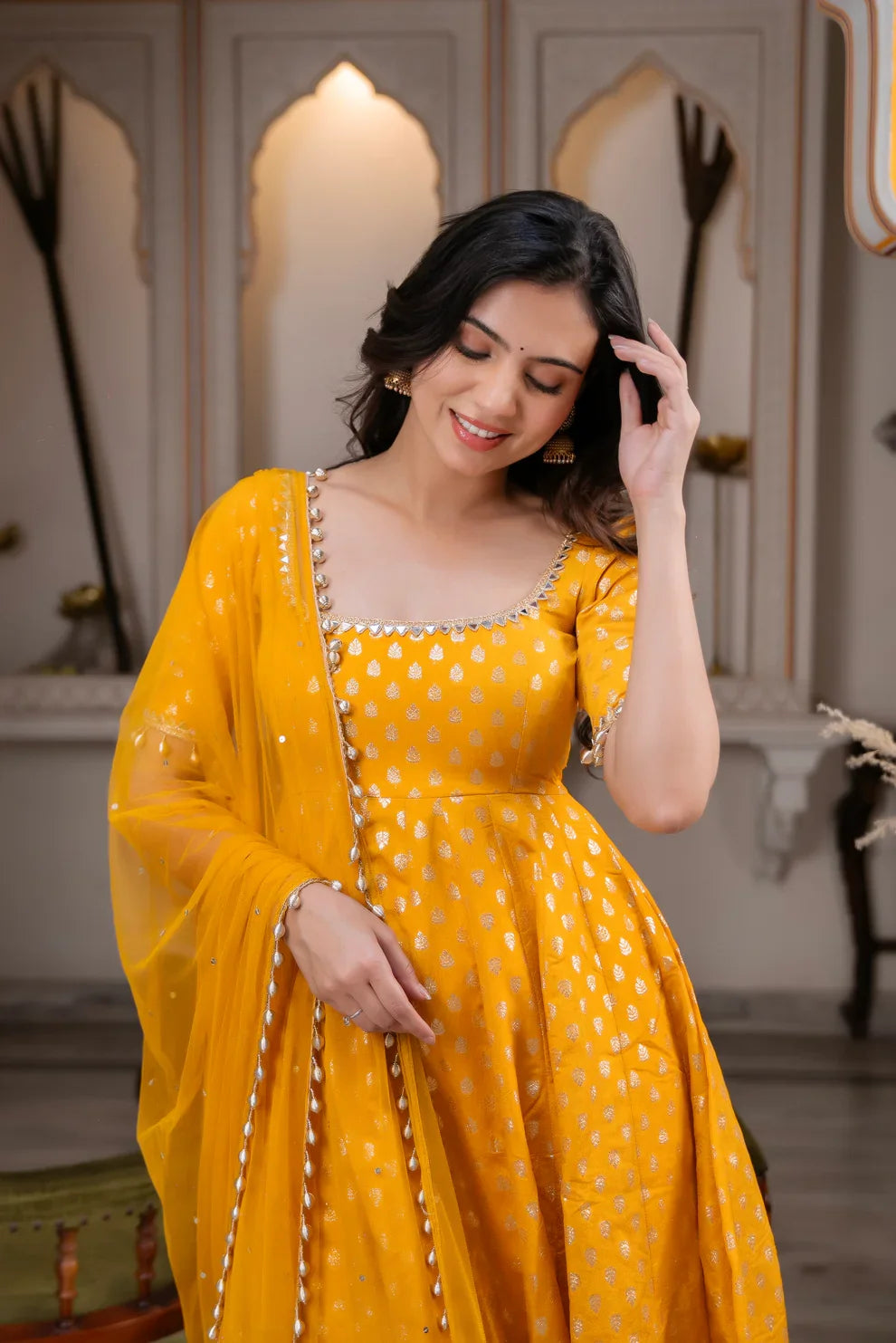 Women s mustard yellow flared anarkali kurta set with dupatta
