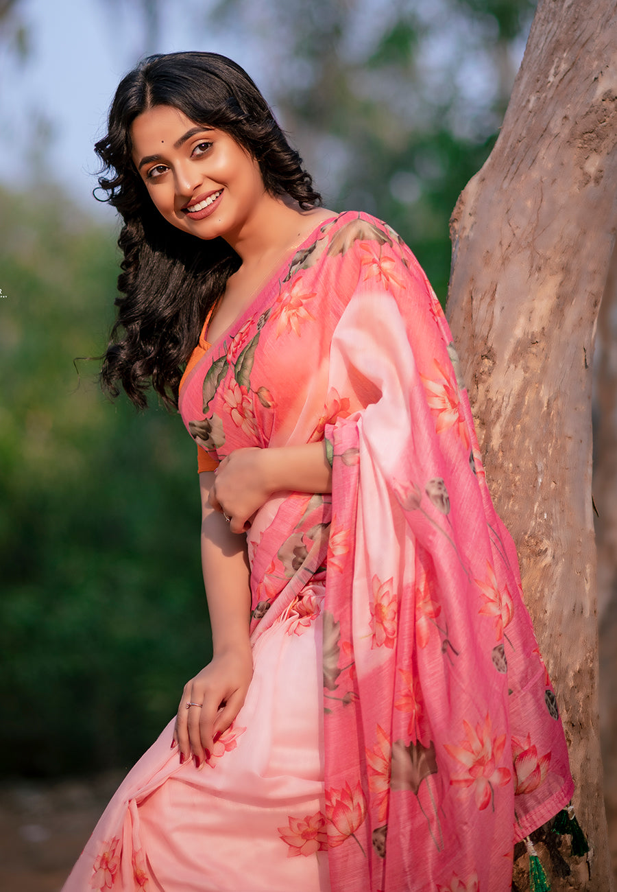 Dory in our baby pink chanderi cotton pichwai printed saree with zari woven border