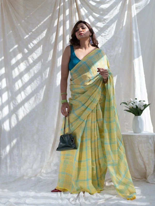 Sunshine yellow aqua blue checkered mul cotton saree with tasselled pallu includes blouse piece shree mall