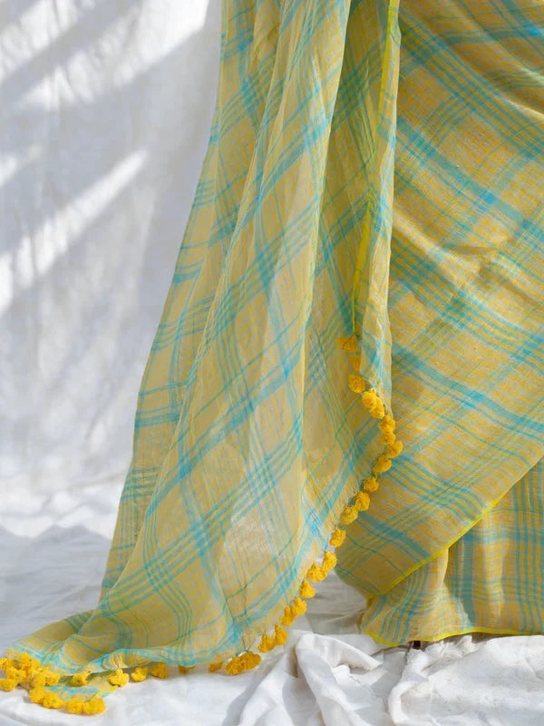 Sunshine yellow aqua blue checkered mul cotton saree with tasselled pallu includes blouse piece shree mall