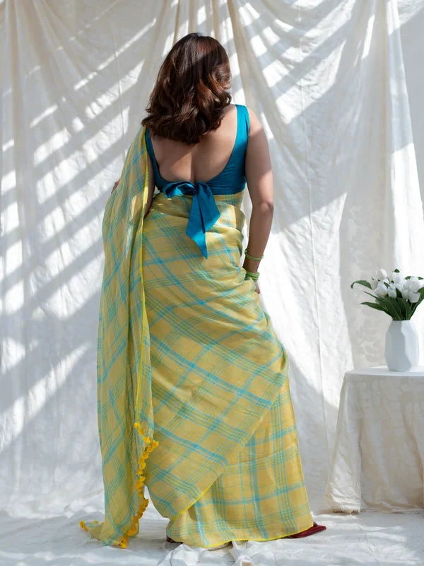 Sunshine yellow aqua blue checkered mul cotton saree with tasselled pallu includes blouse piece shree mall