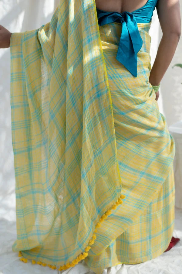 Sunshine yellow aqua blue checkered mul cotton saree with tasselled pallu includes blouse piece shree mall