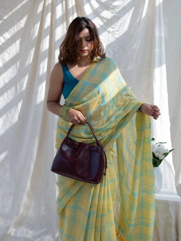 Sunshine yellow aqua blue checkered mul cotton saree with tasselled pallu includes blouse piece shree mall