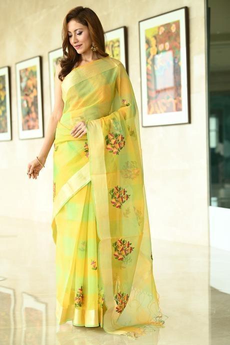 Yellow Soft Linen Silk Saree Party Wear