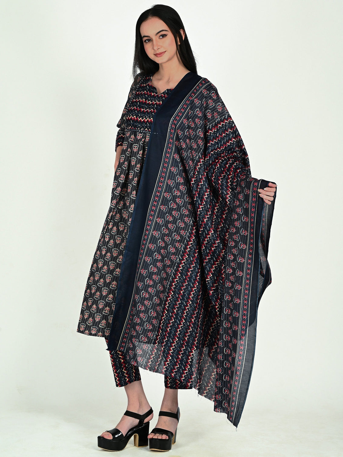Navy blue wine cotton blend floral block printed kurta pant with dupatta