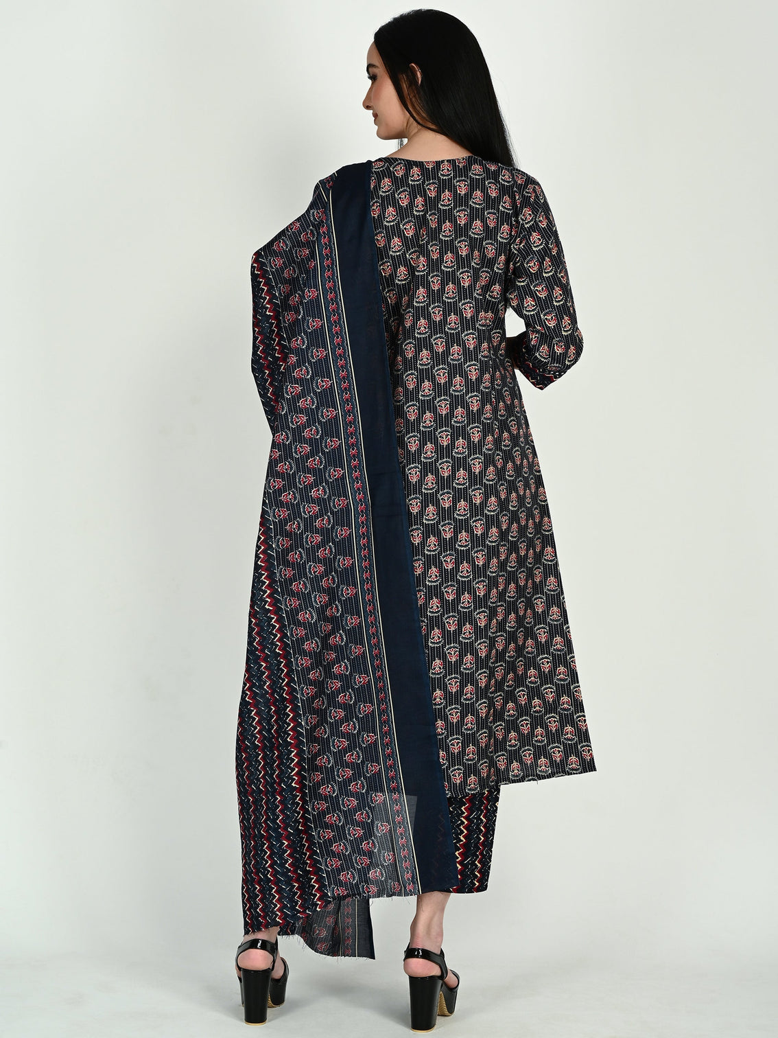 Navy blue wine cotton blend floral block printed kurta pant with dupatta