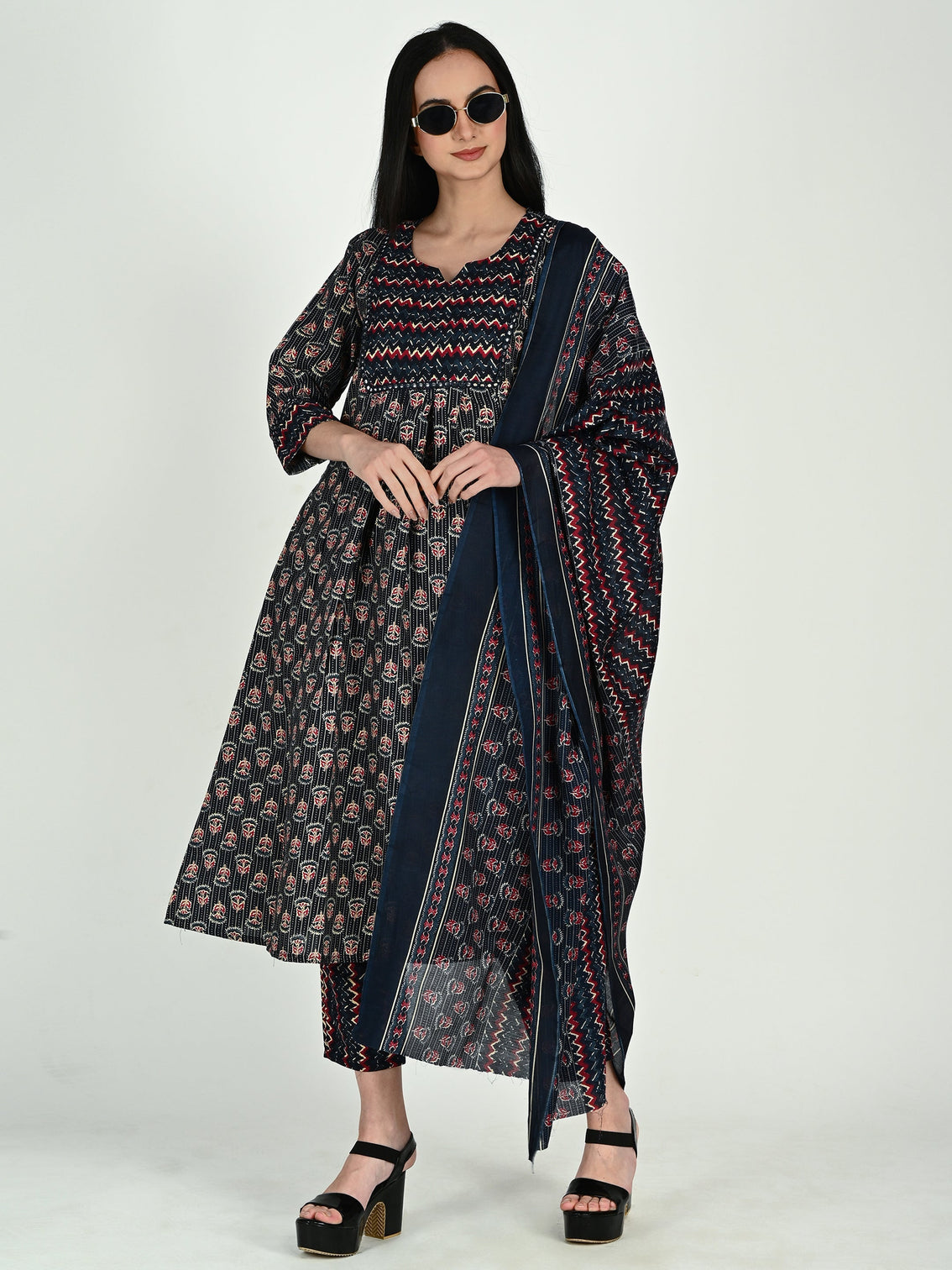 Navy blue wine cotton blend floral block printed kurta pant with dupatta