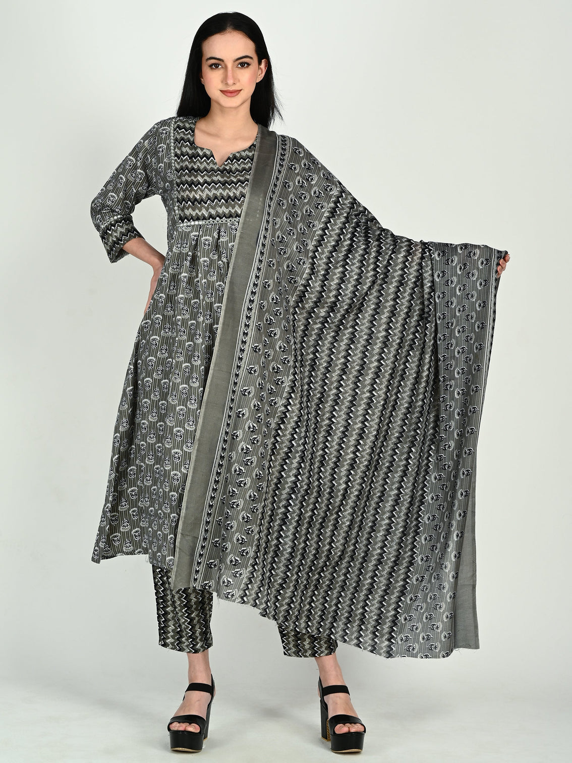Grey black cotton blend floral block printed kurta pant with dupatta