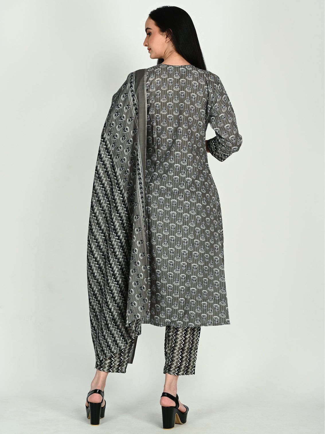 Grey black cotton blend floral block printed kurta pant with dupatta