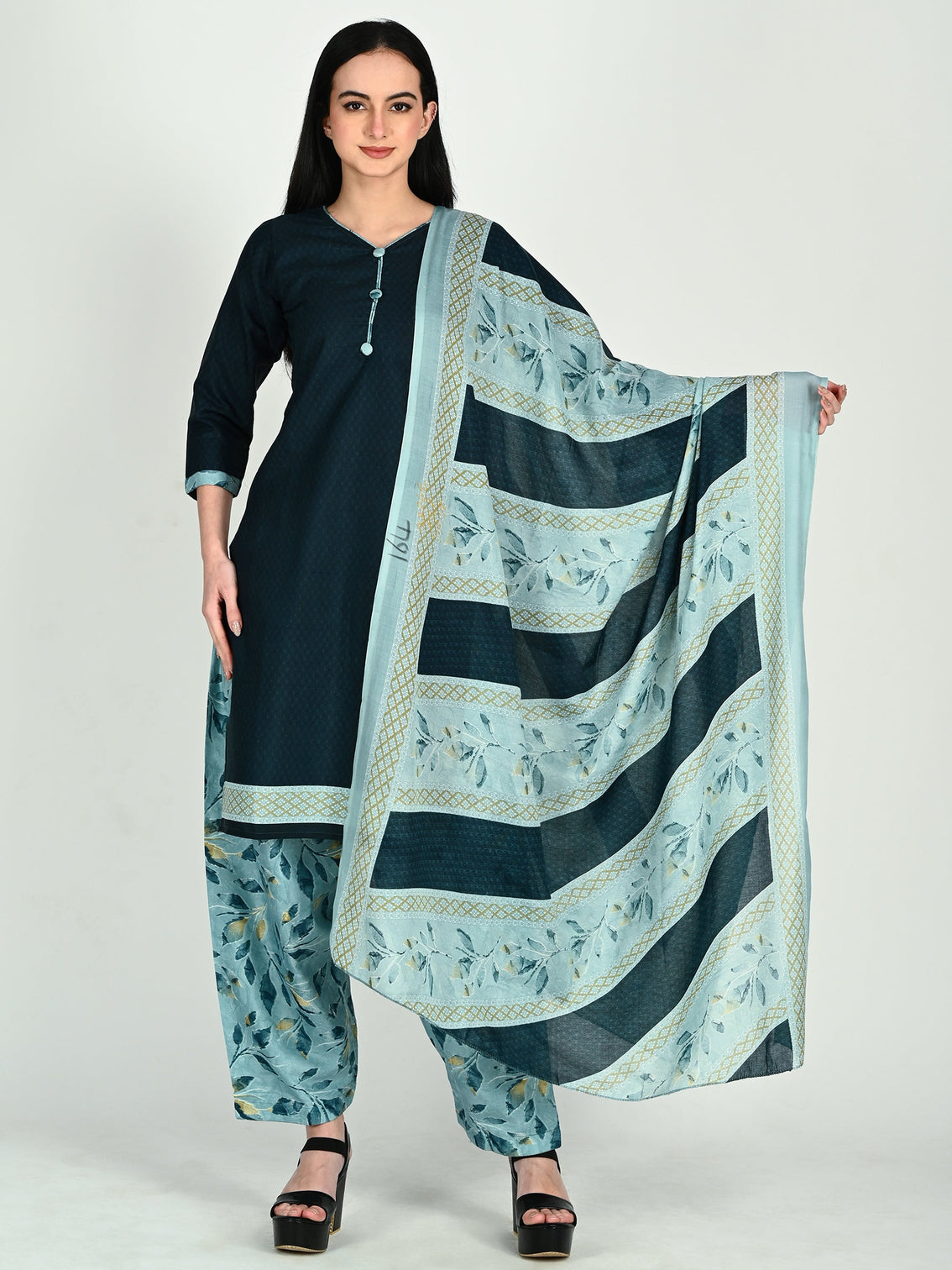 Teal cotton blend printed ready to wear patiala salwar suit