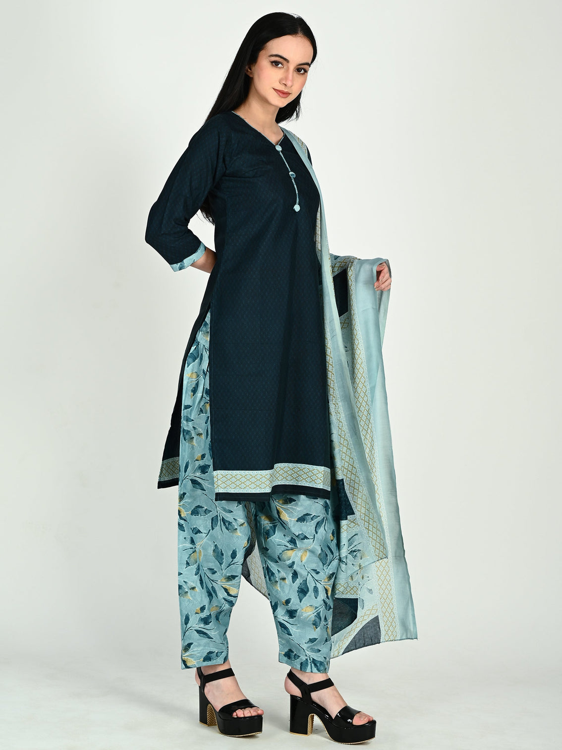 Teal cotton blend printed ready to wear patiala salwar suit