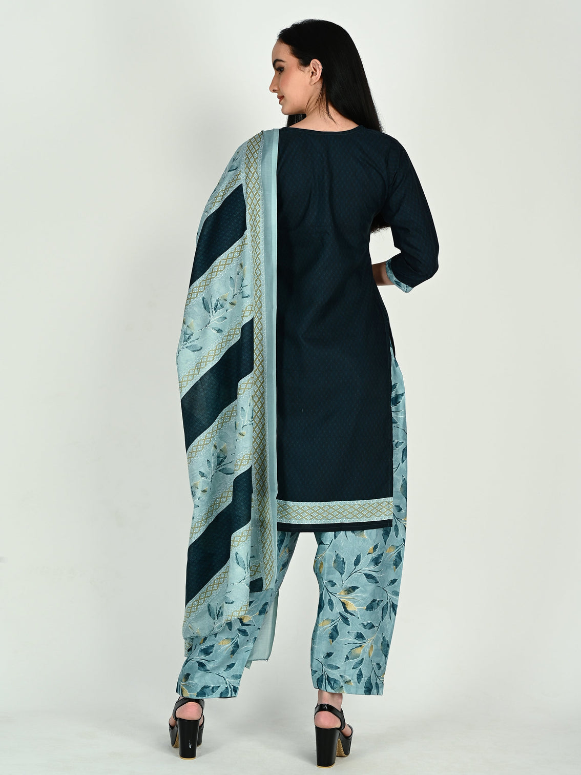 Teal cotton blend printed ready to wear patiala salwar suit