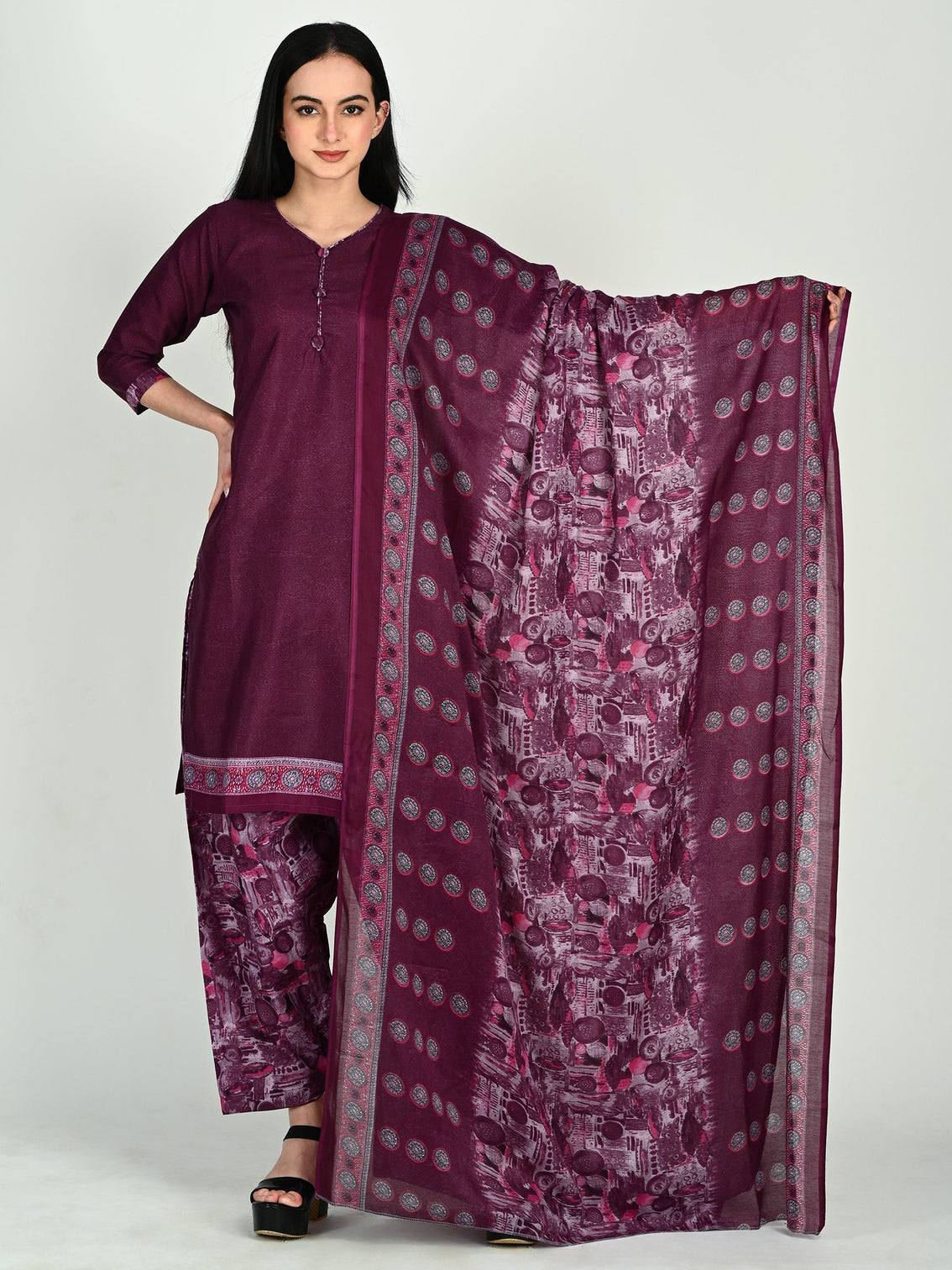 Wine cotton blend printed ready to wear patiala salwar suit