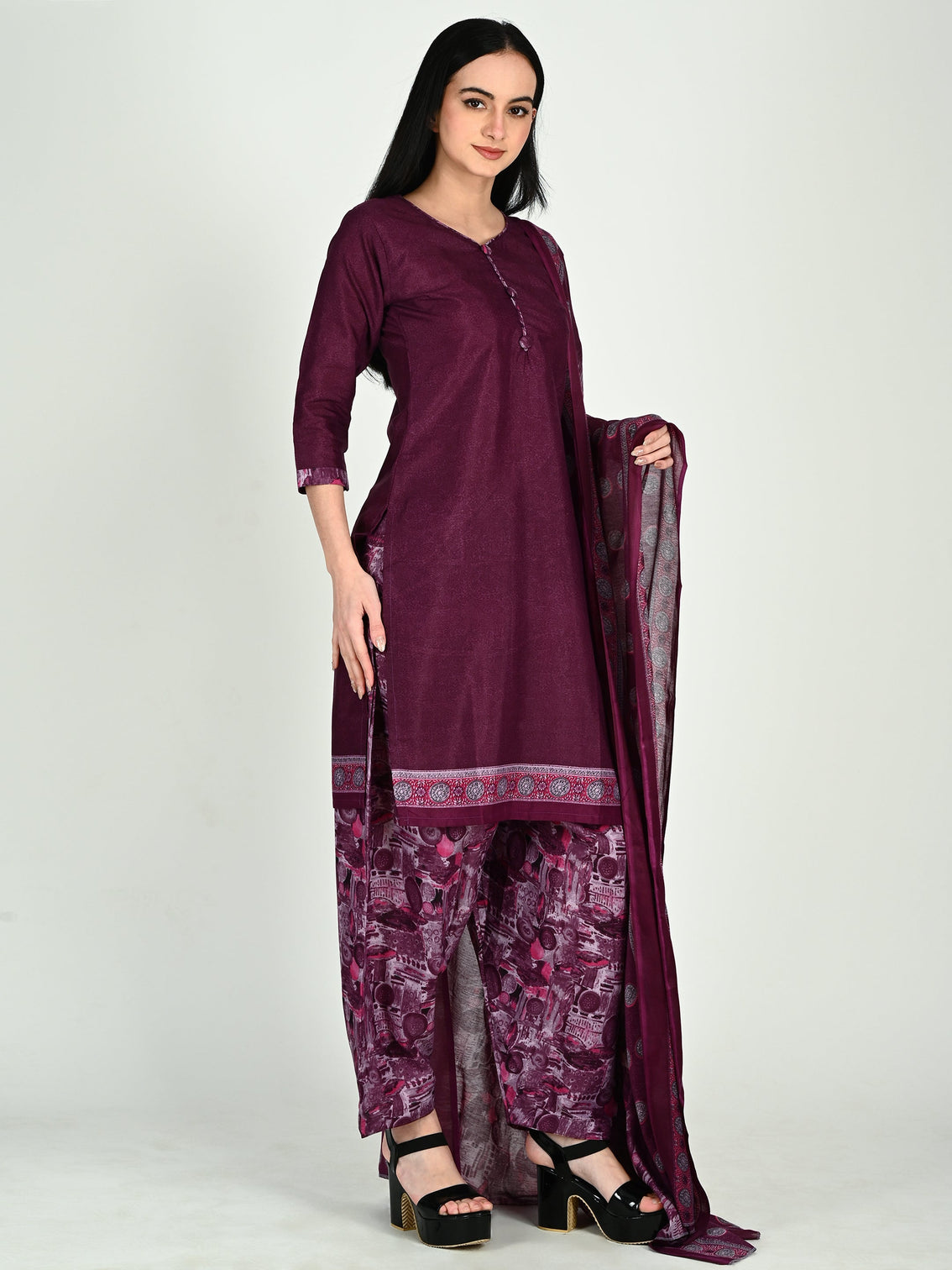 Wine cotton blend printed ready to wear patiala salwar suit