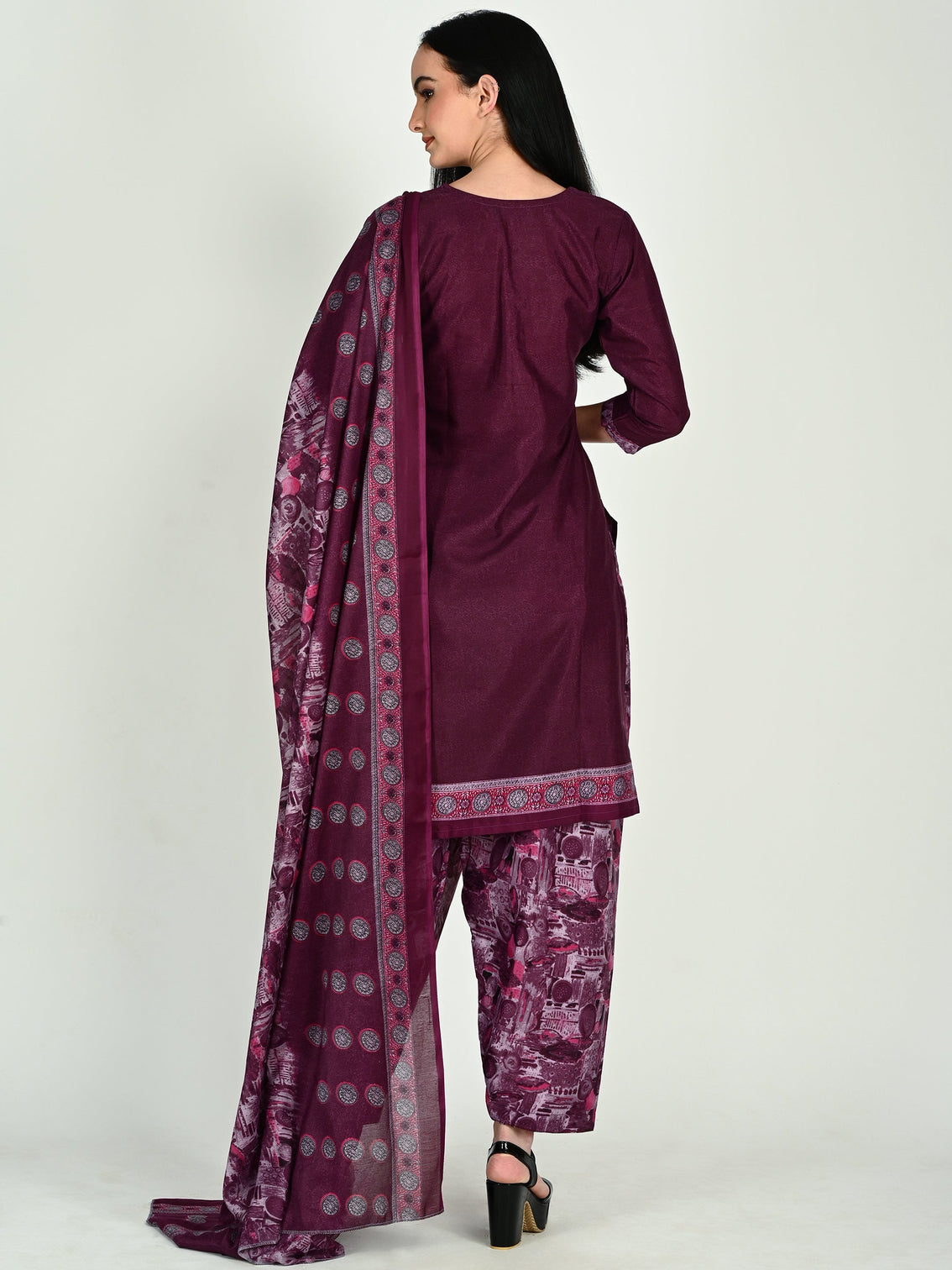 Wine cotton blend printed ready to wear patiala salwar suit