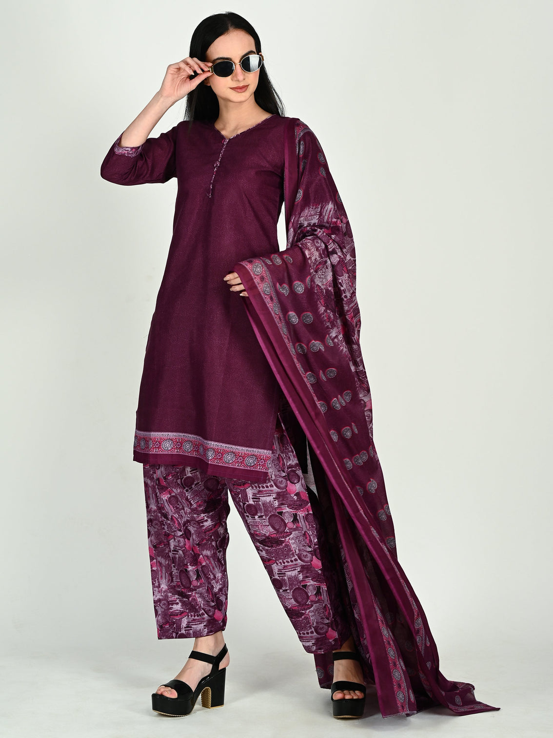 Wine cotton blend printed ready to wear patiala salwar suit