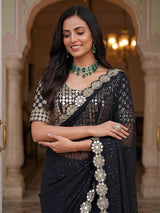 Ravishing Black Sequins Georgette Reception Wear Saree With Blouse