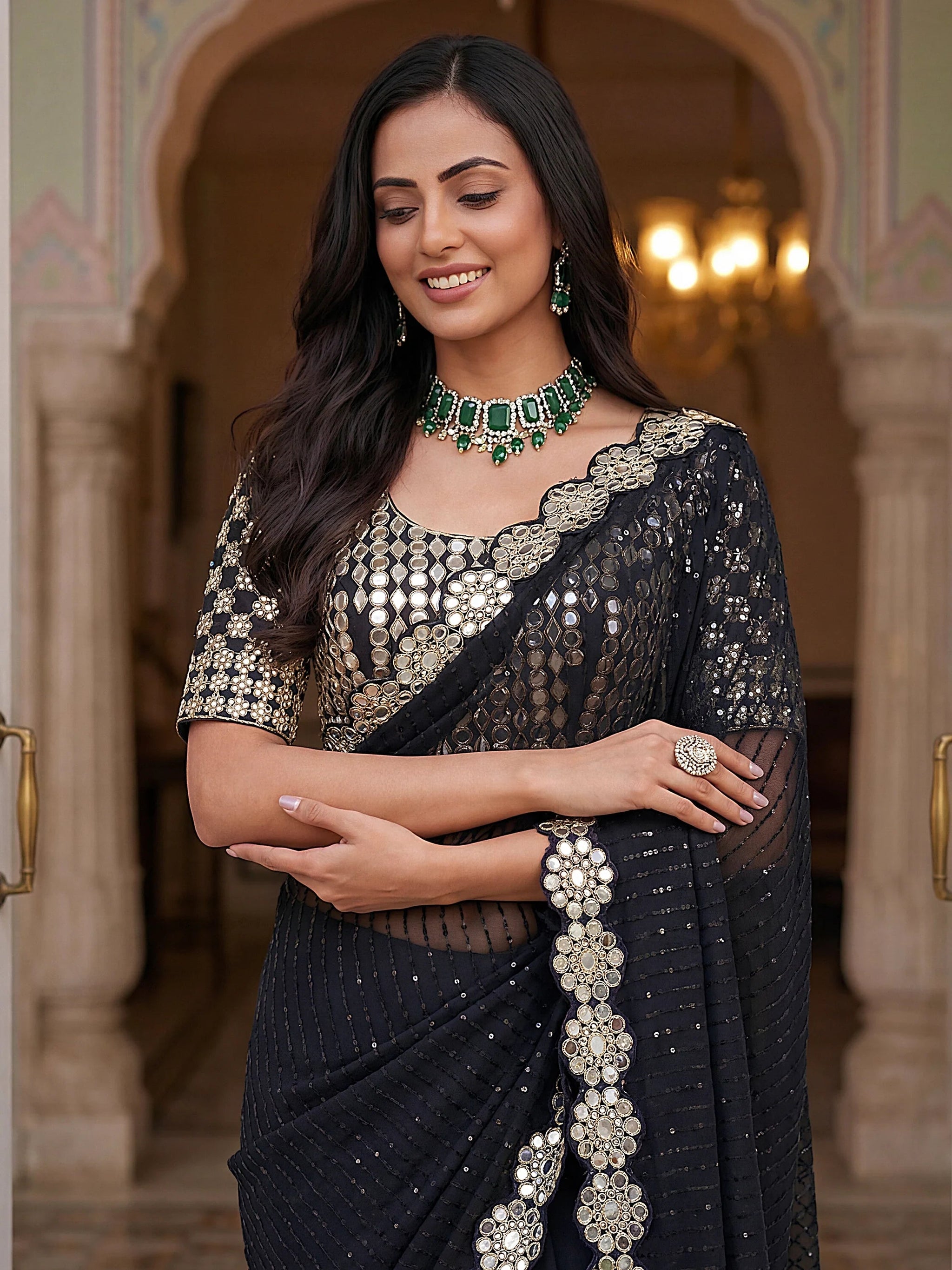 Ravishing Black Sequins Georgette Reception Wear Saree With Blouse