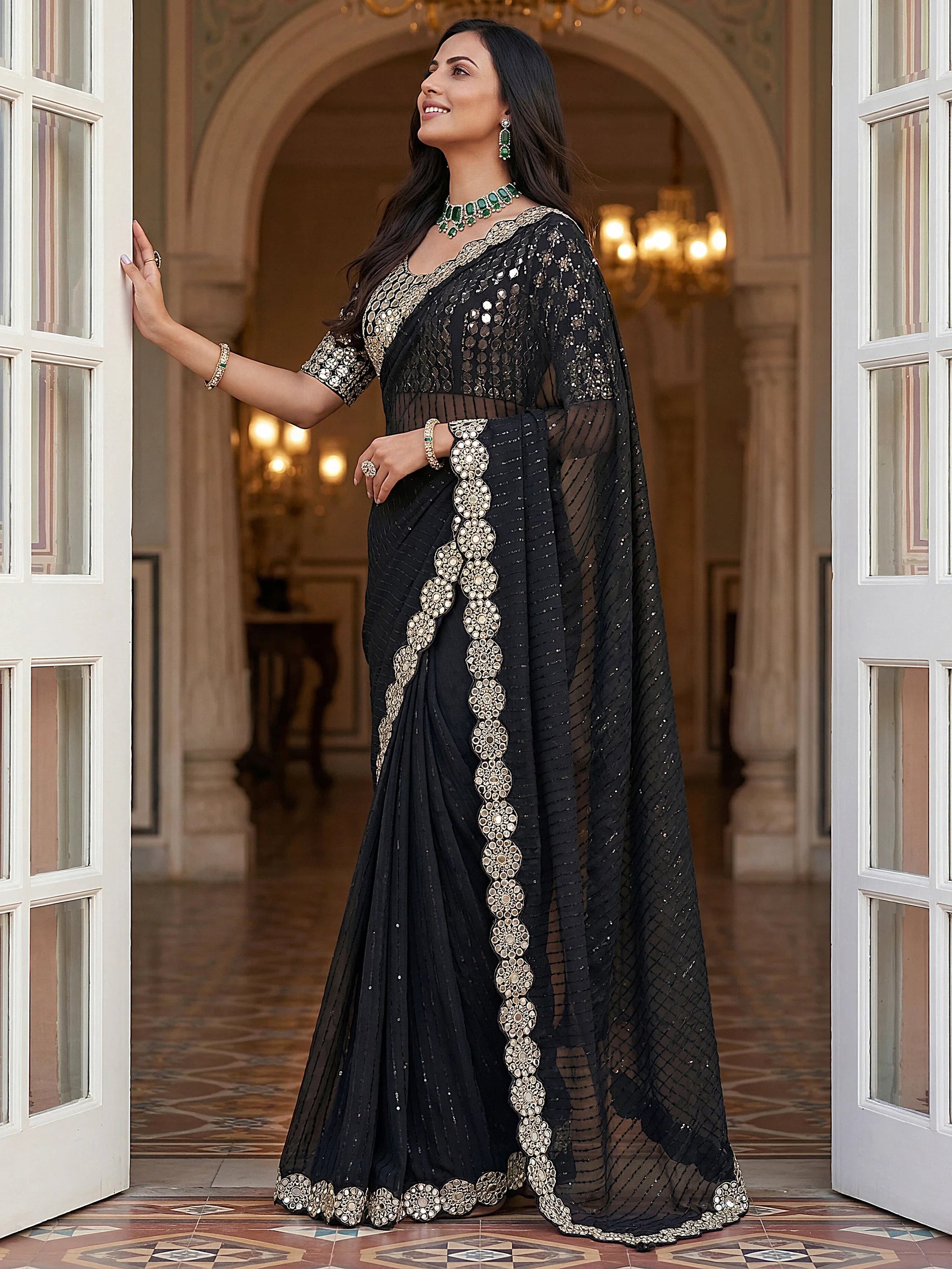 Ravishing Black Sequins Georgette Reception Wear Saree With Blouse