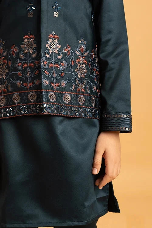 Dark Green Mirror Work Embroidered Koti Kurta for Kids Wear