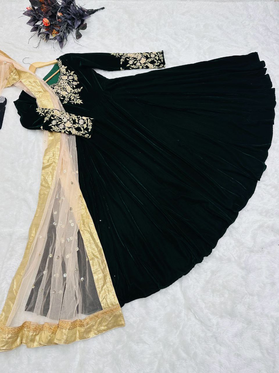 Dark Green Anarkali Gown in Velvet with Embroidery Work