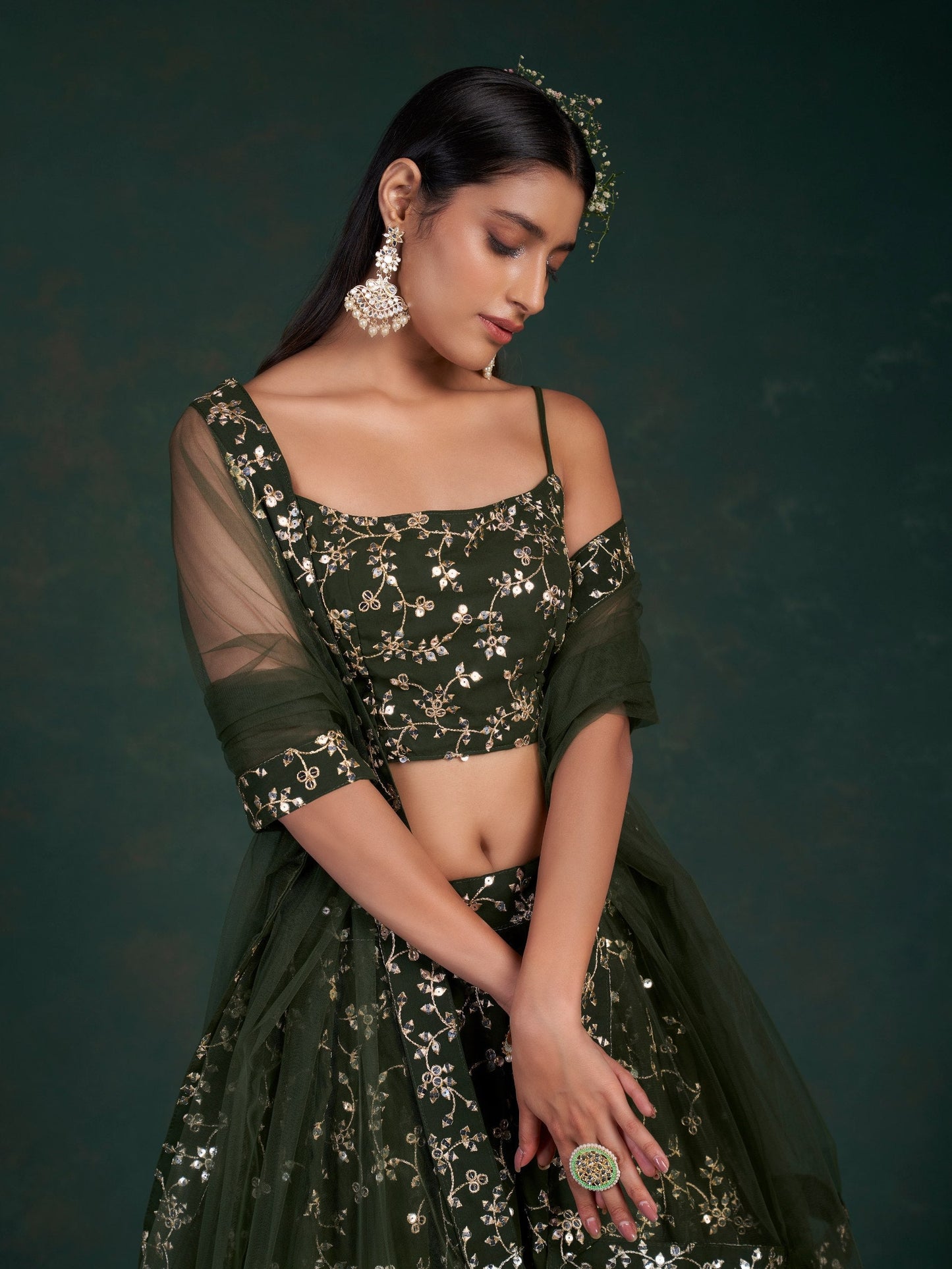 Dark Green Georgette Semi-Stitched Lehenga with 7mm Sequins & Zari Embroidery  Soft Net Dupatta Unstitched Blouse