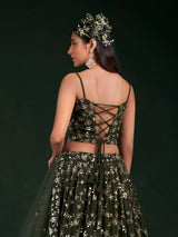 Dark Green Georgette Semi-Stitched Lehenga with 7mm Sequins & Zari Embroidery  Soft Net Dupatta Unstitched Blouse