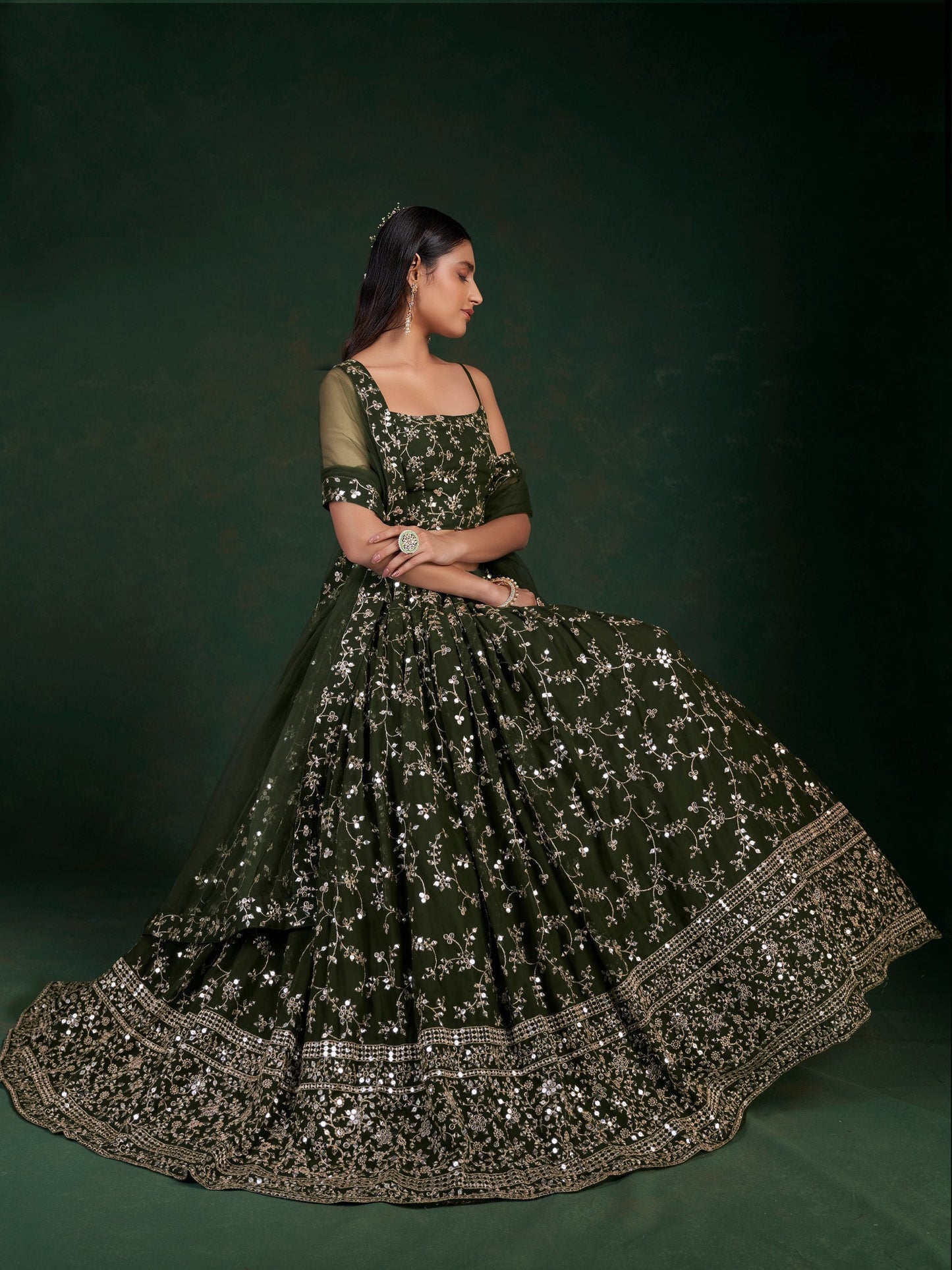 Dark Green Georgette Semi-Stitched Lehenga with 7mm Sequins & Zari Embroidery  Soft Net Dupatta Unstitched Blouse