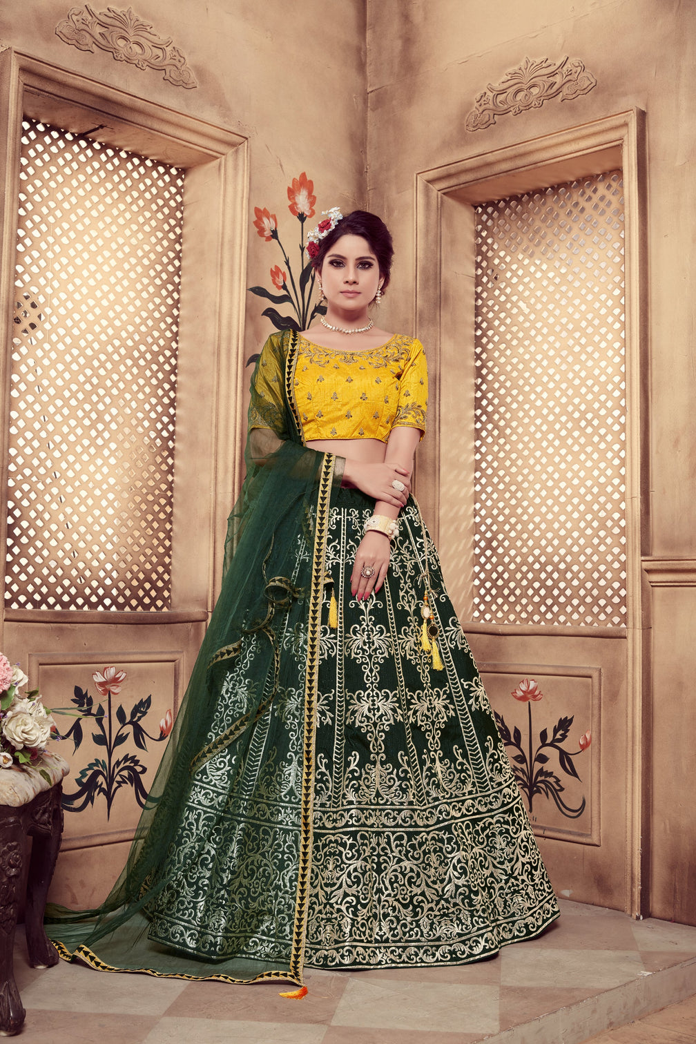 Dark Green Multi Rubber Foil Embroidered Silk Semi Stitched Wedding Lehenga