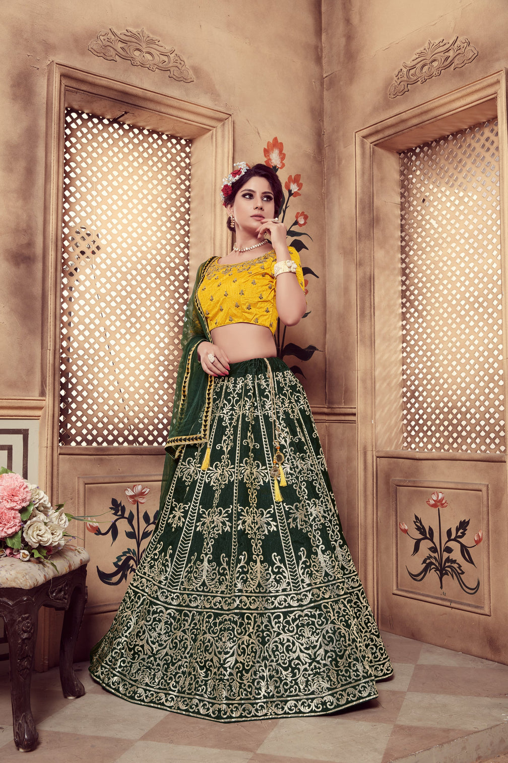 Dark Green Multi Rubber Foil Embroidered Silk Semi Stitched Wedding Lehenga