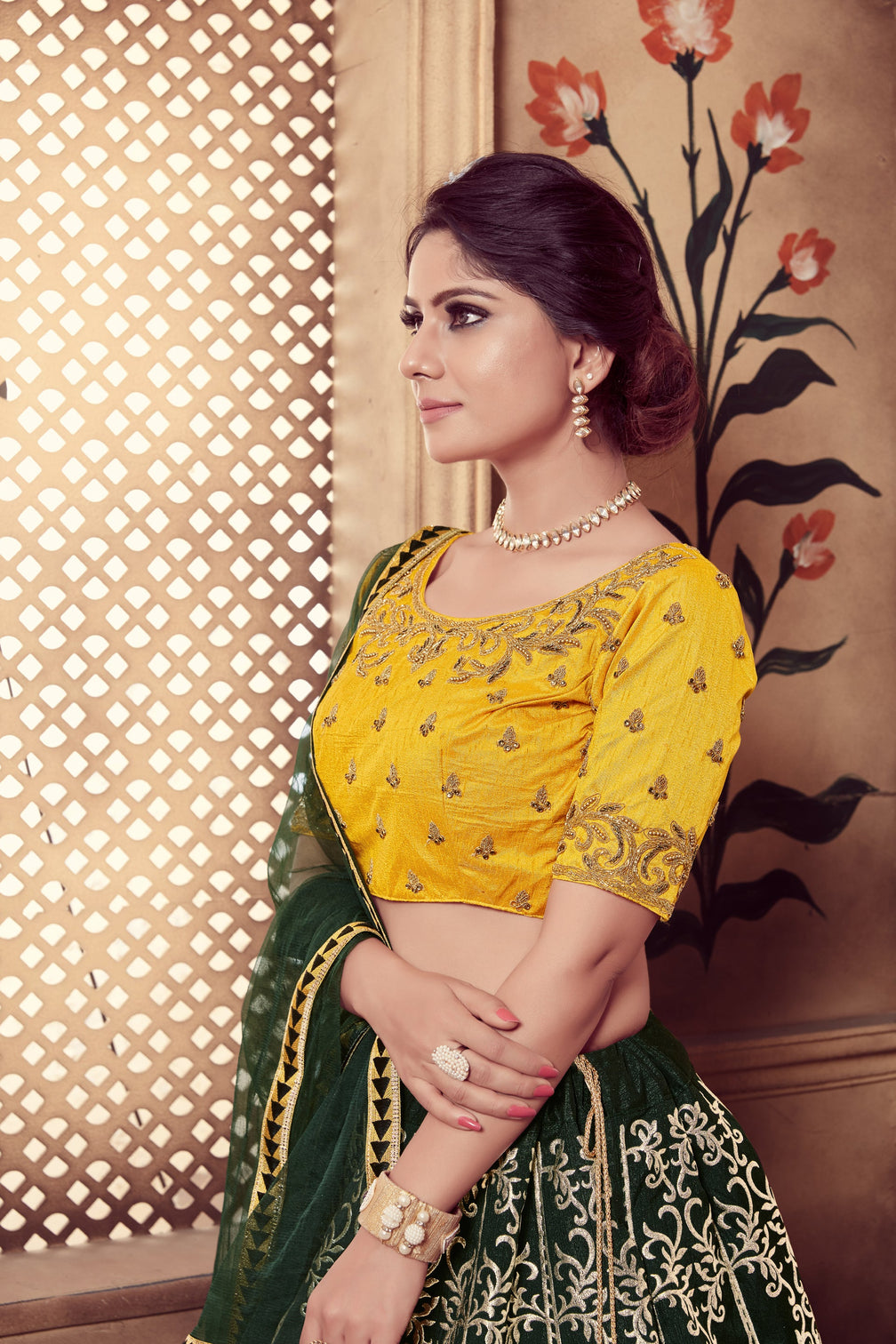 Dark Green Multi Rubber Foil Embroidered Silk Semi Stitched Wedding Lehenga