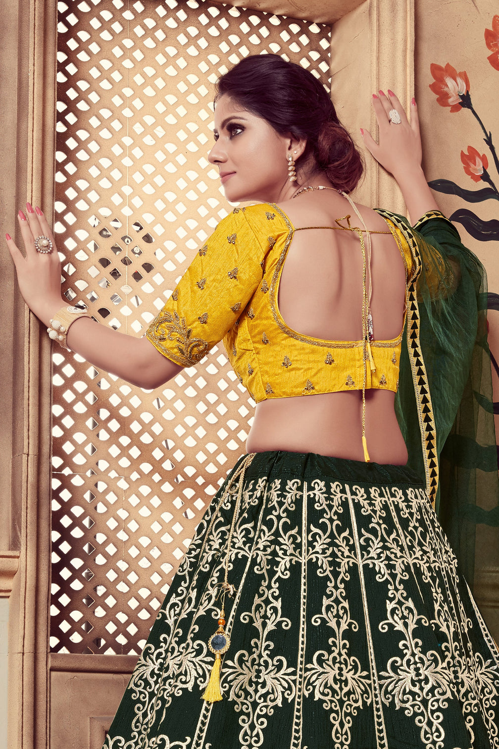 Dark Green Multi Rubber Foil Embroidered Silk Semi Stitched Wedding Lehenga