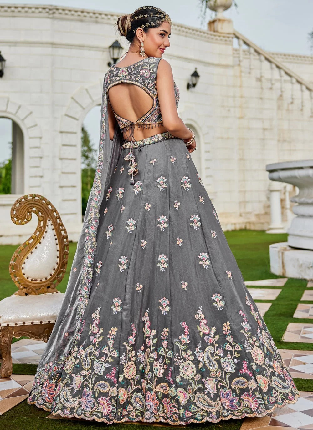 Dazzling grey tissue sequin work wedding wear lehenga choli