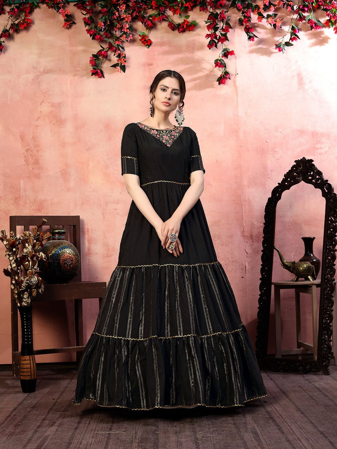Dazzling Black Thread With Zari Lining Sequence Embroidered Silk Party Wear Gown Semi Stitched