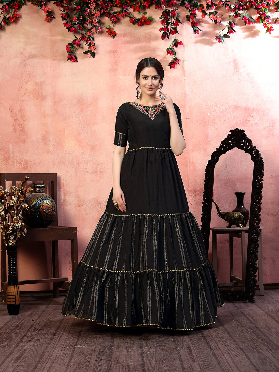 Dazzling Black Thread With Zari Lining Sequence Embroidered Silk Party Wear Gown Semi Stitched