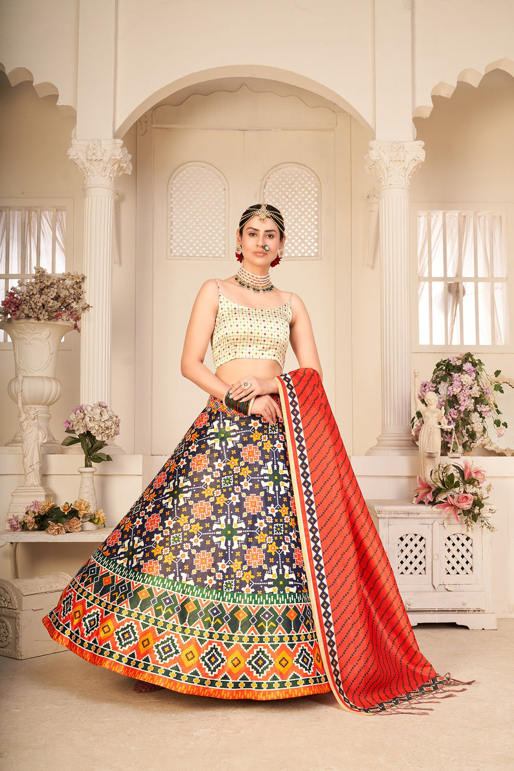 Dazzling Navy Blue Color Sangeet Wear Digital Printed Work Art Silk Lehenga Choli