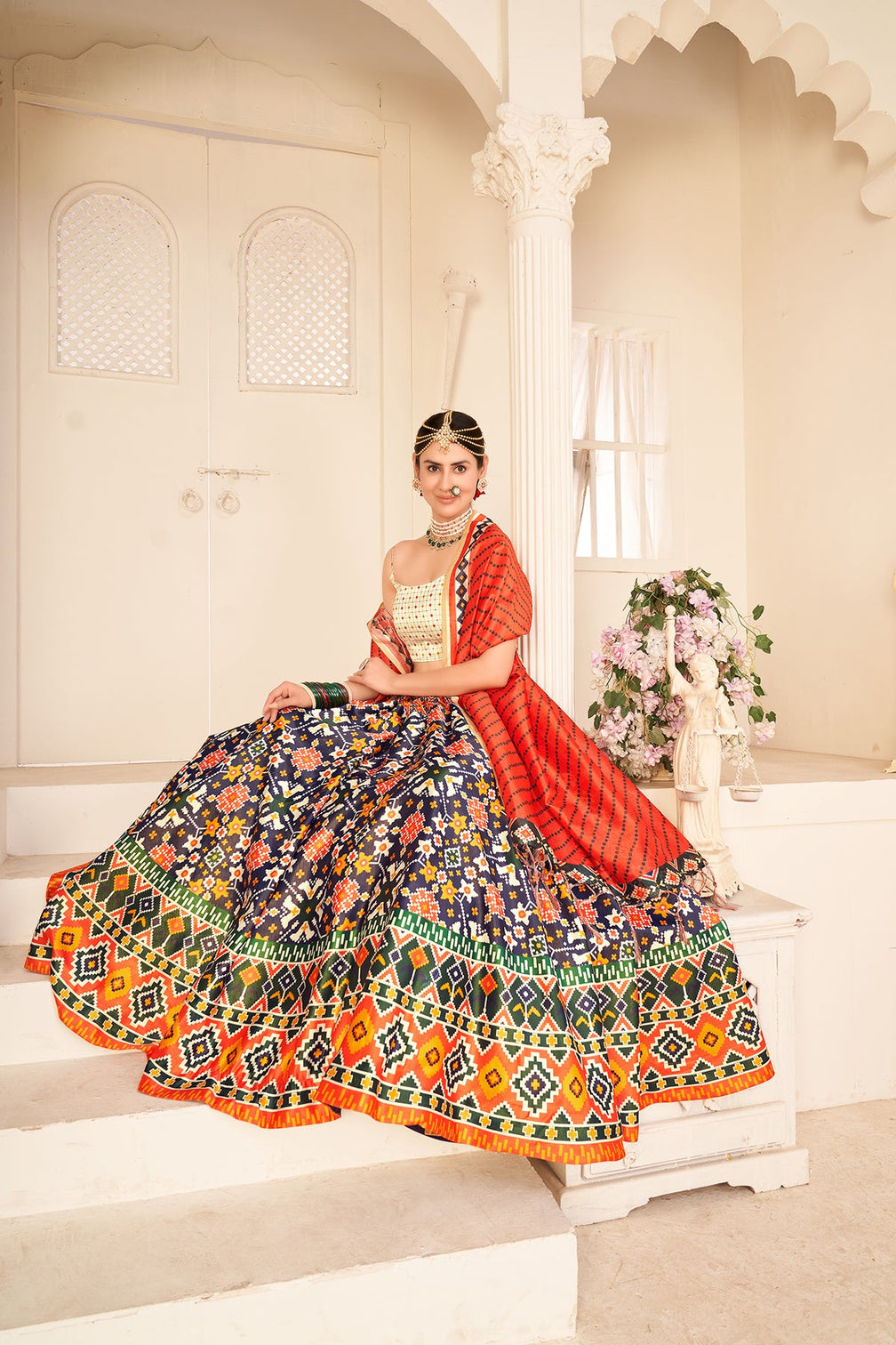 Dazzling Navy Blue Color Sangeet Wear Digital Printed Work Art Silk Lehenga Choli