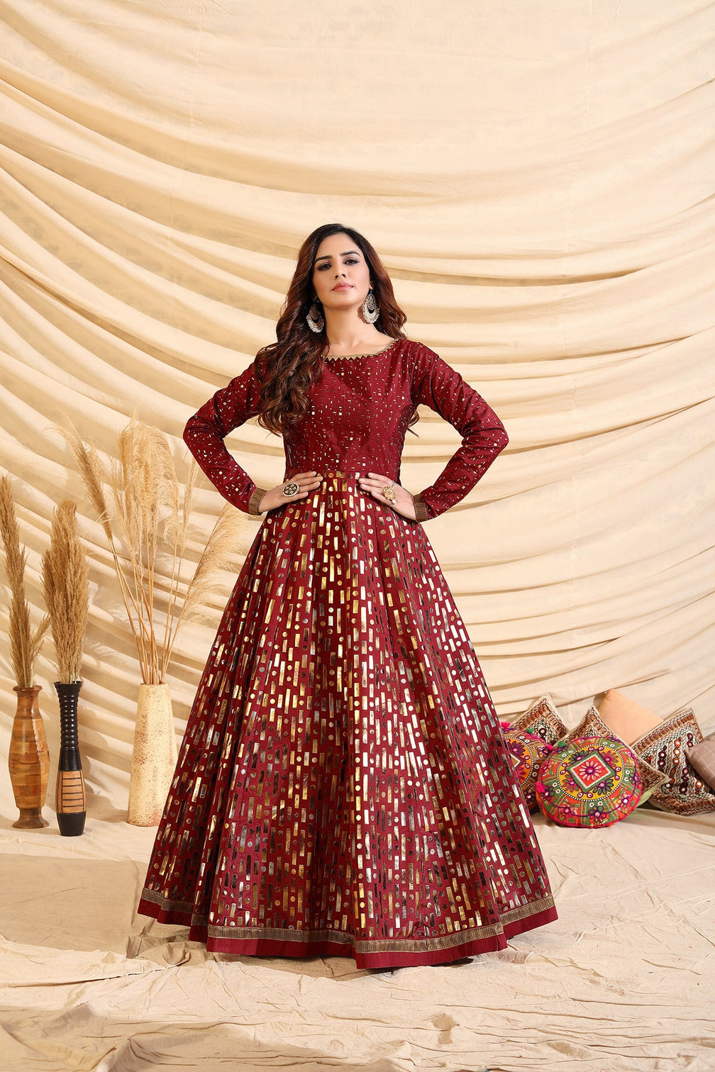 Decent Maroon Color Taffeta Silk Base Foil Print Base Partywear Gown