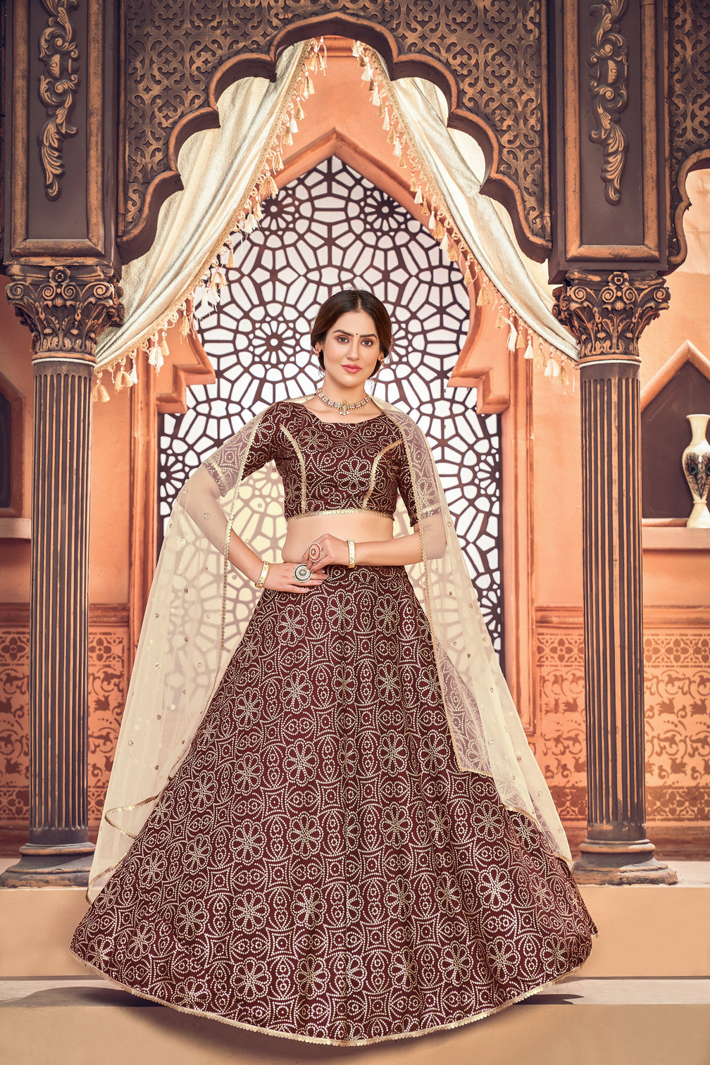 Deep Maroon Metallic Foil Printed Taffeta-Silk Semi Stitched Lehenga