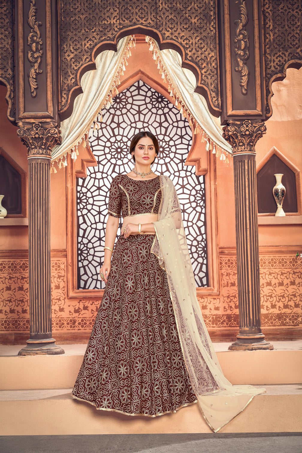 Deep Maroon Metallic Foil Printed Taffeta-Silk Semi Stitched Lehenga