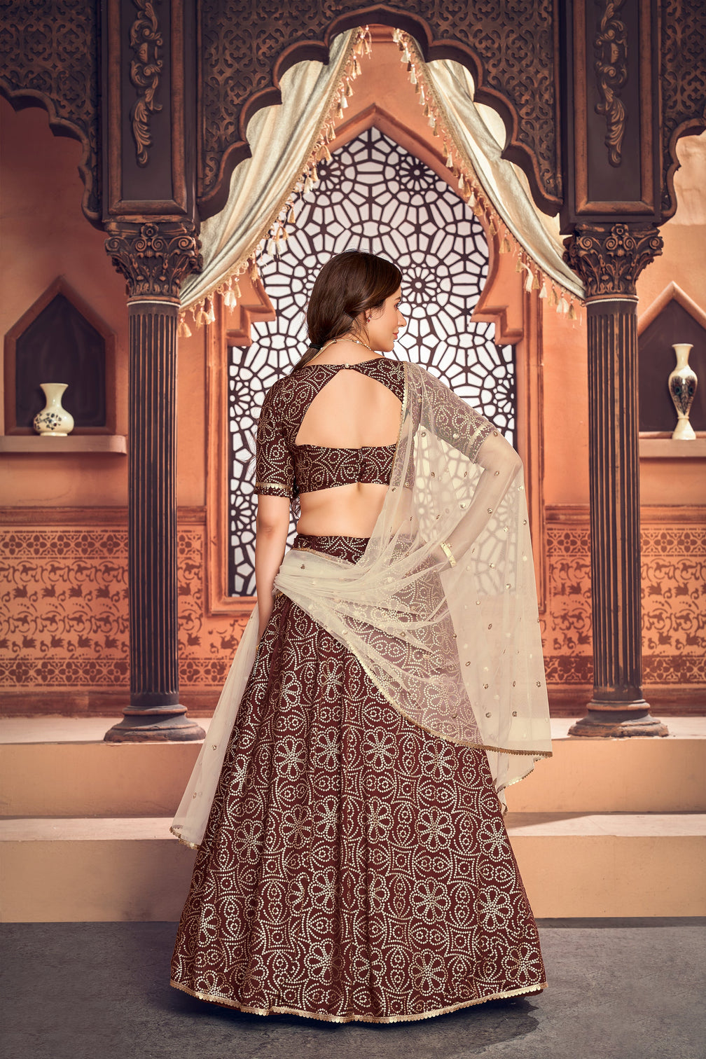 Deep Maroon Metallic Foil Printed Taffeta-Silk Semi Stitched Lehenga