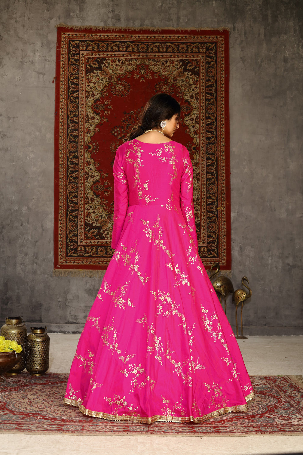 Deep Pink Metallic Foilage Taffeta Evening Long Gown Semi Stitched